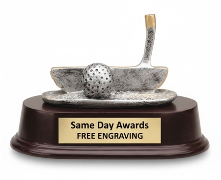Silver putter golf trophy with rosewood base and custom engraved plate