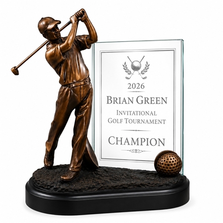 Custom golf trophy with bronze golfer figure and personalized engraved glass award panel