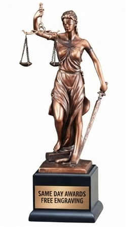Bronze Gallery Lady Justice Trophy featuring a detailed bronze Lady Justice statue holding scales of justice on an ebony display base with custom engraved nameplate