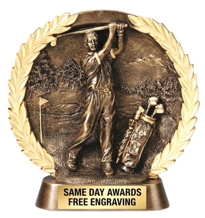 Laurel Wreath Male Golf Trophy featuring detailed golfer design, championship laurel wreath frame, and custom engraved recognition plate.