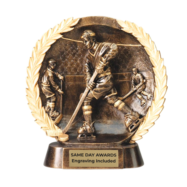 Laurel Wreath Ice Hockey Trophy with engraved plate and gold wreath design featuring hockey player