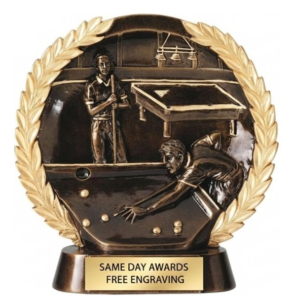 Laurel Wreath Billiards Trophy custom engraved pool tournament award with billiards balls and gold wreath design