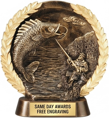 Laurel Wreath Fishing Trophy with engraved plate and gold wreath design featuring fish and rod