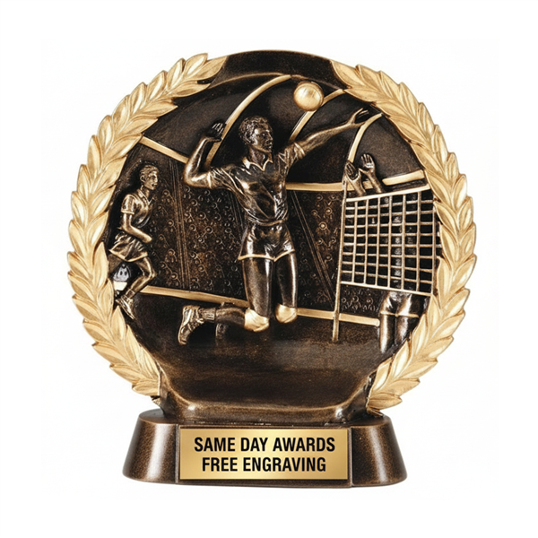 Laurel Wreath Male Volleyball Trophy with engraved plate and gold wreath design featuring male volleyball player