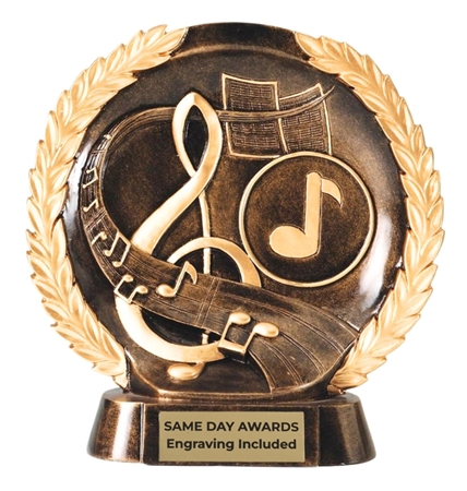 Laurel Wreath Music Trophy custom engraved award for musicians, bands, choirs, orchestras, music competitions and recital recognition