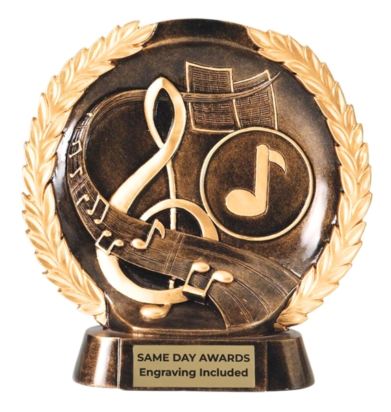 Laurel Wreath Music Trophy custom engraved award for musicians, bands, choirs, orchestras, music competitions and recital recognition