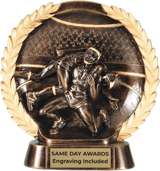 laurel wreath wrestling trophy with golden wreath design custom engraved wrestling championship award premium resin wrestling recognition trophy classic wrestling MVP award presentation ready