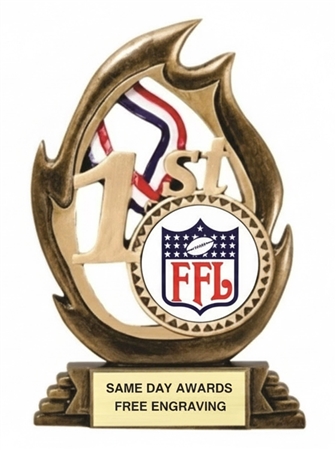 1st Place Flame Fantasy Football Trophy with fantasy football logo centerpiece and custom engraved champion plate