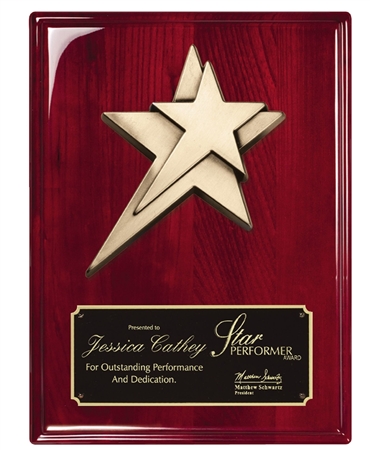 Rosewood Piano Premium Star Executive Recognition Plaque with Bronze Cast Star and Black Brass Engraving Plate