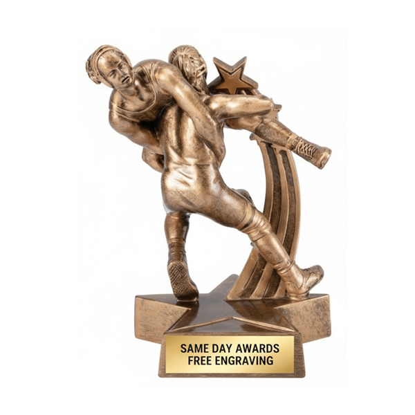 superstar premium female wrestling trophy bronze finish custom engraved girls wrestling championship award dynamic female wrestling action pose trophy womenâ€™s wrestling MVP recognition award