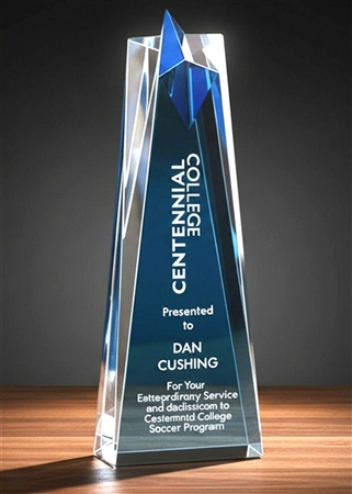 6 inch executive blue star acrylic trophy with blue prism base and custom laser engraving
