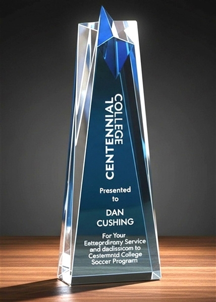 6 inch executive blue star acrylic trophy with blue prism base and custom laser engraving