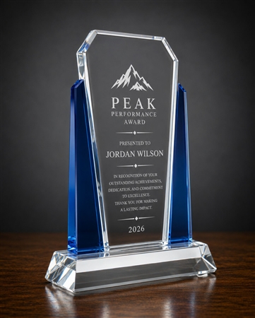 Same Day Shipping 8.25 Inch Blue Victory Optical Crystal Trophy with Free Custom Laser Engraving