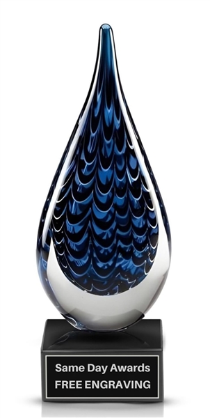 Same Day Shipping Blue Waterspout Hand-Blown Art Glass Award with Free Custom Engraving