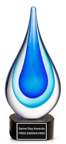 Same Day Shipping Blue Azure Art Glass Award with Free Custom Engraving and Marble Base