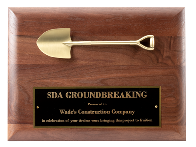 Same Day Shipping Groundbreaking Shovel Plaque with gold ceremonial shovel and custom engraved plaque for construction recognition awards
