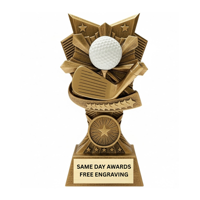 6 inch Victory golf trophy with V shaped backdrop and engraved plate