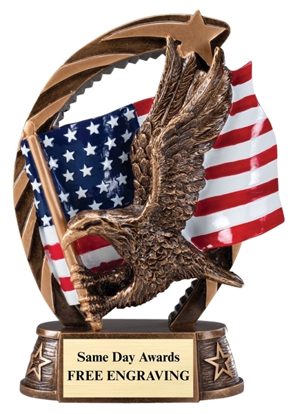 Same Day Shipping Flying Eagle Patriotic Trophy with American Flag and Custom Engraving