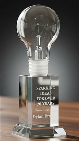 Same Day Bright Idea Lightbulb Crystal Award Trophy with optical crystal lightbulb design and custom engraving for innovation and employee recognition awards.