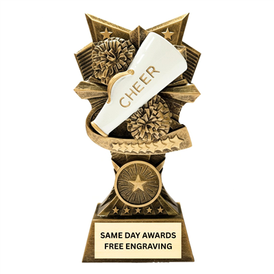 6 inch Victory cheerleading trophy with V shaped backdrop and engraved plate