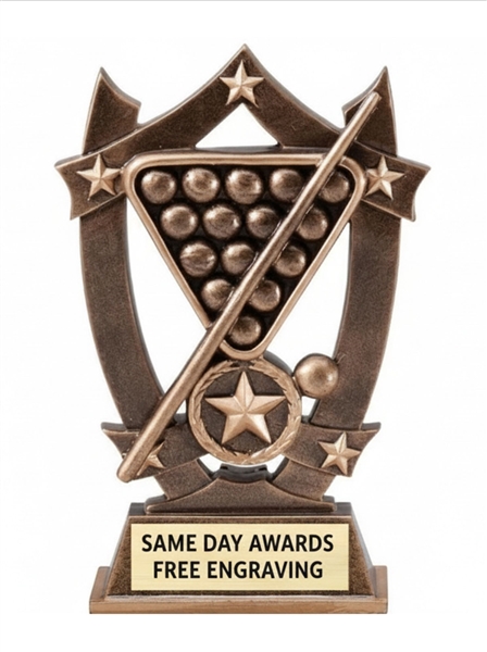 Billiards Sports Star Trophy with custom engraving for pool tournaments and billiards leagues