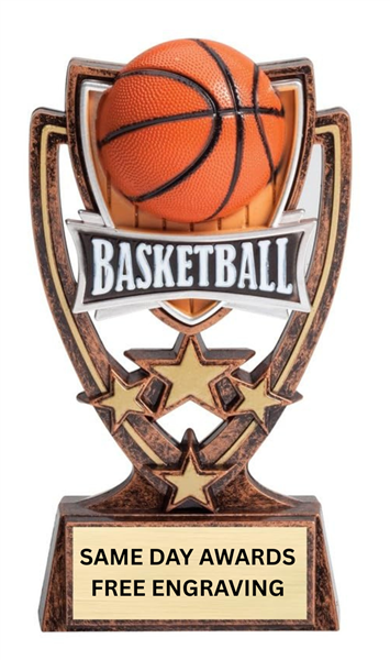 4 Star Basketball Trophy featuring basketball design with custom engraved plaque for basketball team and player recognition awards