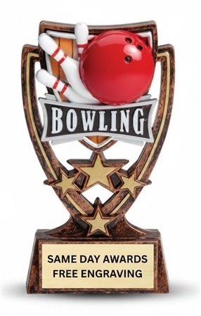 four star bowling trophy with engraved plate and classic bowling ball and pins design