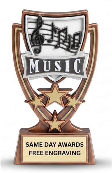 6 inch custom engraved music trophy award for bands, choirs, recitals, music competitions, and student recognition.