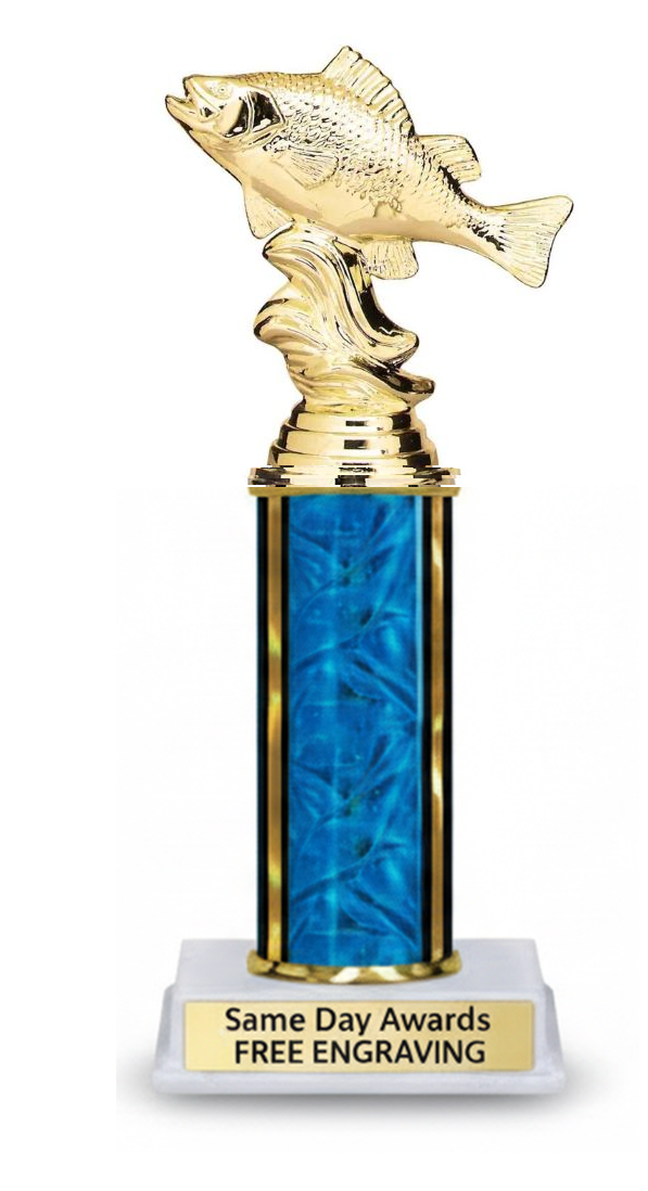 Single Column Perch Fish Trophy with perch fish figure, column, and engraved plate