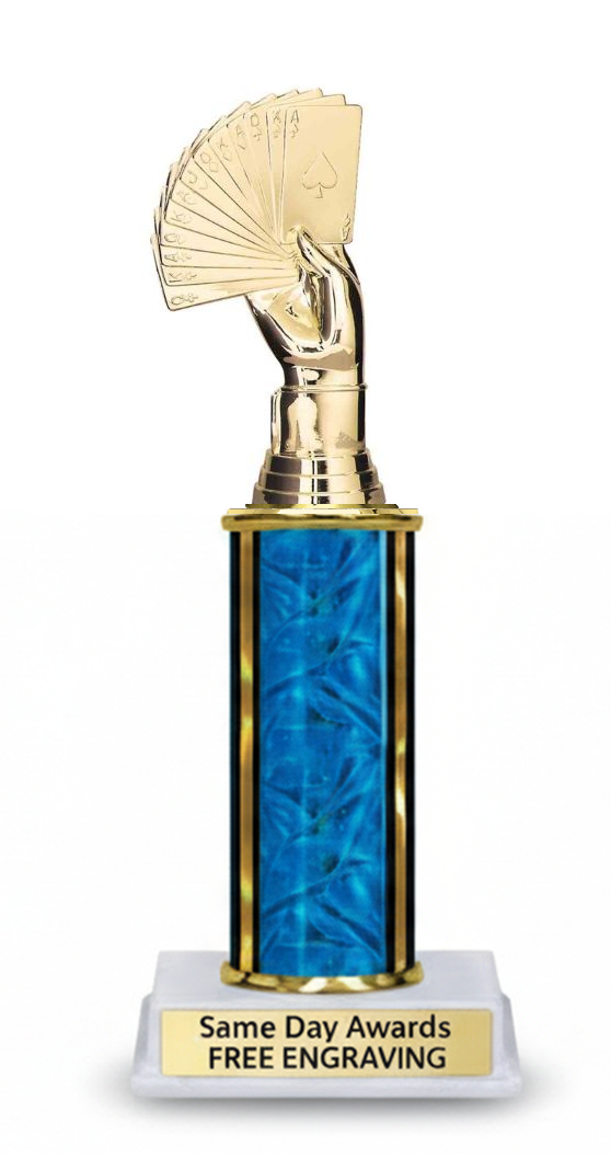 Single Column Bridge Trophy with playing cards figure, column, and engraved plate