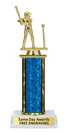 Custom engraved Single Column Boys T-Ball Trophy with male player figure, classic column design, and personalized engraving plate.