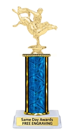 Single Column Bucking Bronco Trophy featuring cowboy riding bucking bronco figure with custom engraved nameplate