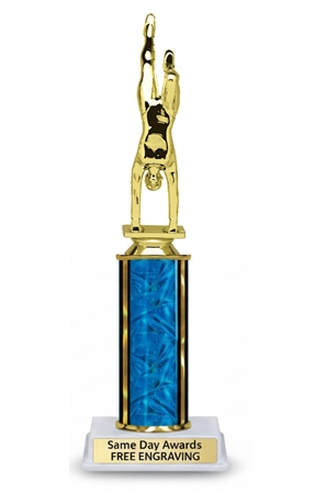 Custom engraved female gymnast trophy with gymnast figure, gymnastics competition award for champions, athletes, teams, and gymnastics meet recognition