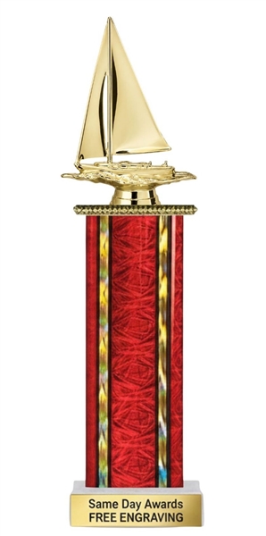 Wide Column Sailboat Trophy Custom Engraved Sailing Championship Award for Regattas and Yacht Clubs