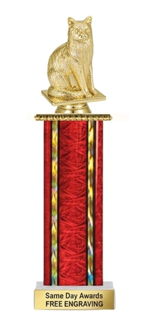 Custom engraved Wide Column Cat Trophy with detailed feline topper, available in multiple sizes