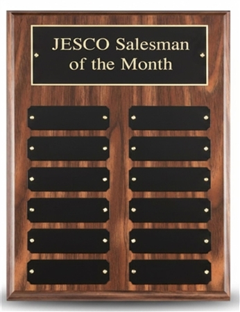 12 Plate Walnut Perpetual Recognition Plaque with engraved black brass name plates and gold lettering