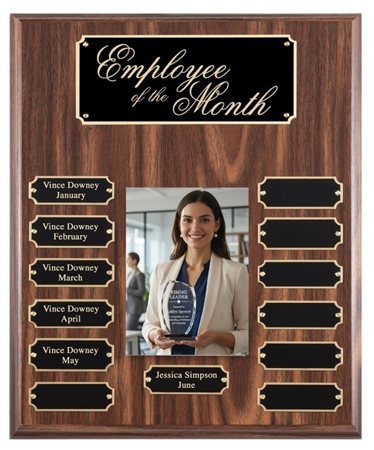 12 Plate Perpetual Recognition Plaque with Photo Holder Walnut Finish Recognition Award Board with 12 Engraved Name Plates