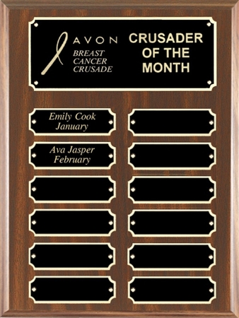 12 Plate Matador walnut employee of the month perpetual recognition plaque with engraved black name plates