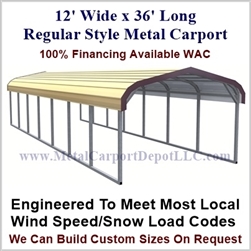 12' x 36' Regular Style Metal Carport