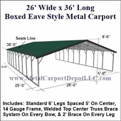 Triple Wide Boxed Eave Style Metal Carport 26' x 36' x 6'