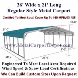 Triple Wide Regular Style Metal Carport 26' x 21' x 6'