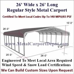 Triple Wide Regular Style Metal Carport 26' x 26' x 6'