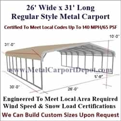 Triple Wide Regular Style Metal Carport 26' x 31' x 6'