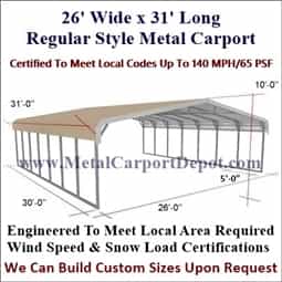 Triple Wide Regular Style Metal Carport 26' x 31' x 6'