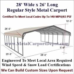 Triple Wide Regular Style Metal Carport 28' x 26' x 6'