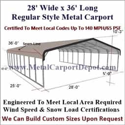 Triple Wide Regular Style Metal Carport 28' x 36' x 6'