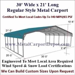 Triple Wide Regular Style Metal Carport 30' x 21' x 6'