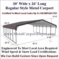 Triple Wide Regular Style Metal Carport 30' x 26' x 6'