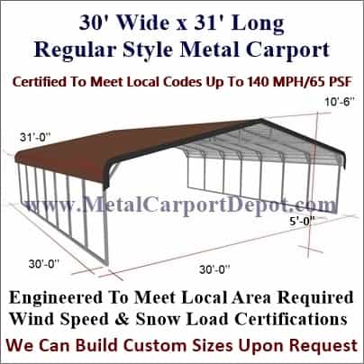 30' x 31' Triple Wide Regular Style Carport (Barn Type Horizontal Roof) -  Metal Carport Depot
