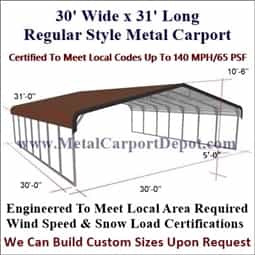 Triple Wide Regular Style Metal Carport 30' x 31' x 6'
